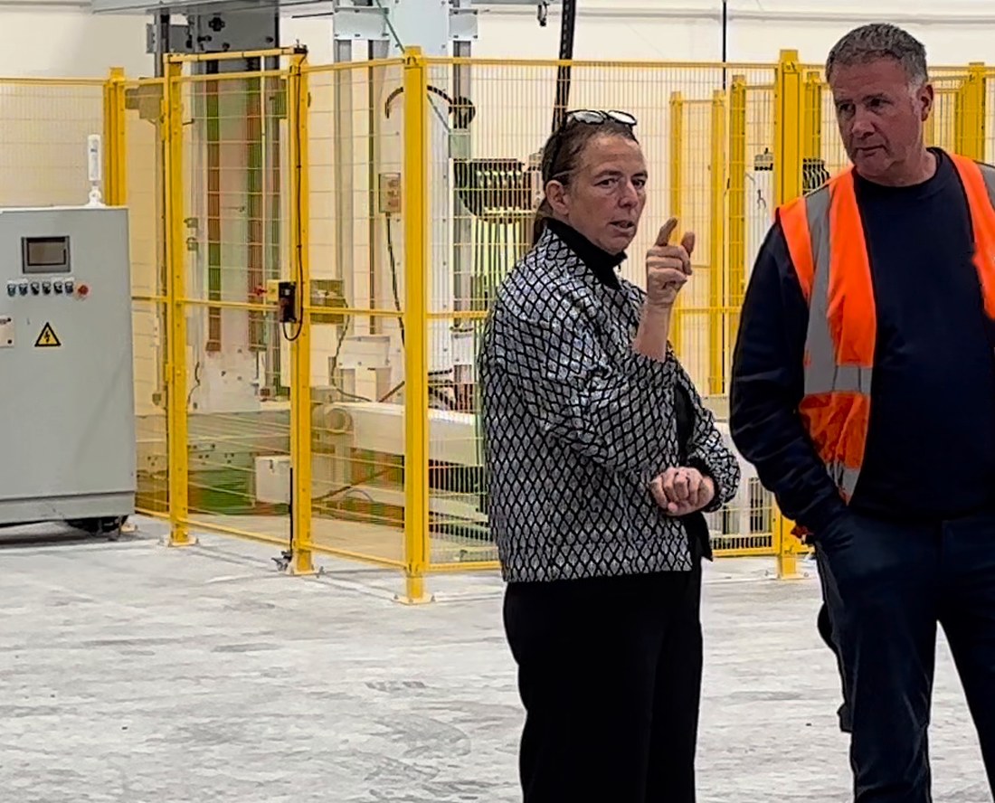 Two members of the Floryn team talking during a walk-round of the Clay Cross factory floor
