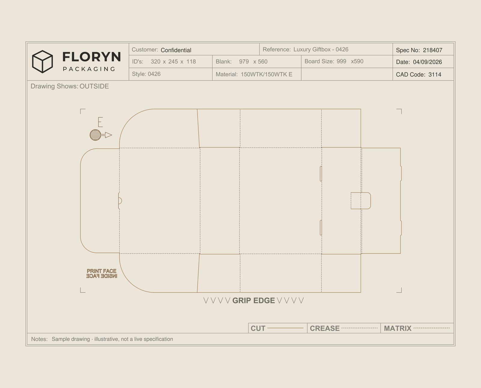 A Floryn cutting drawing for a style 0426 gift box, showing cut and crease lines